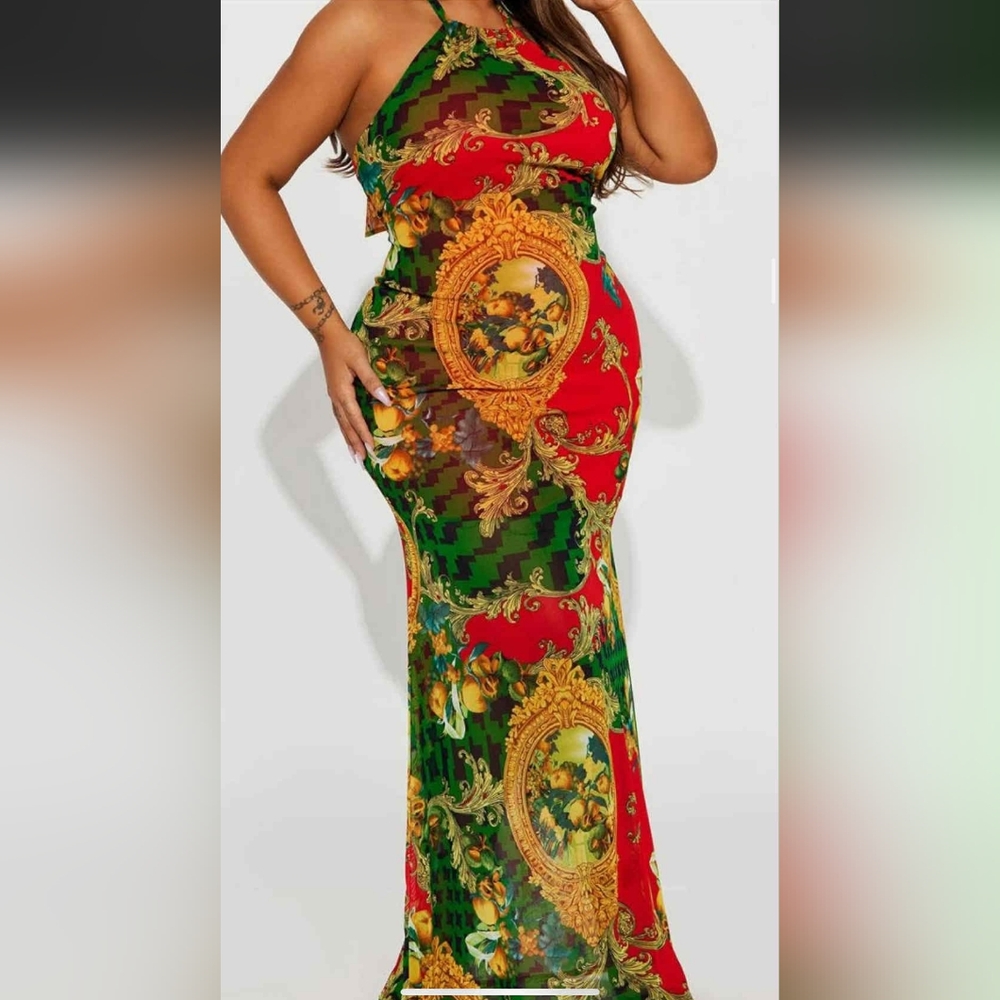 Fashion Nova Red and Green Baroque Print Dress